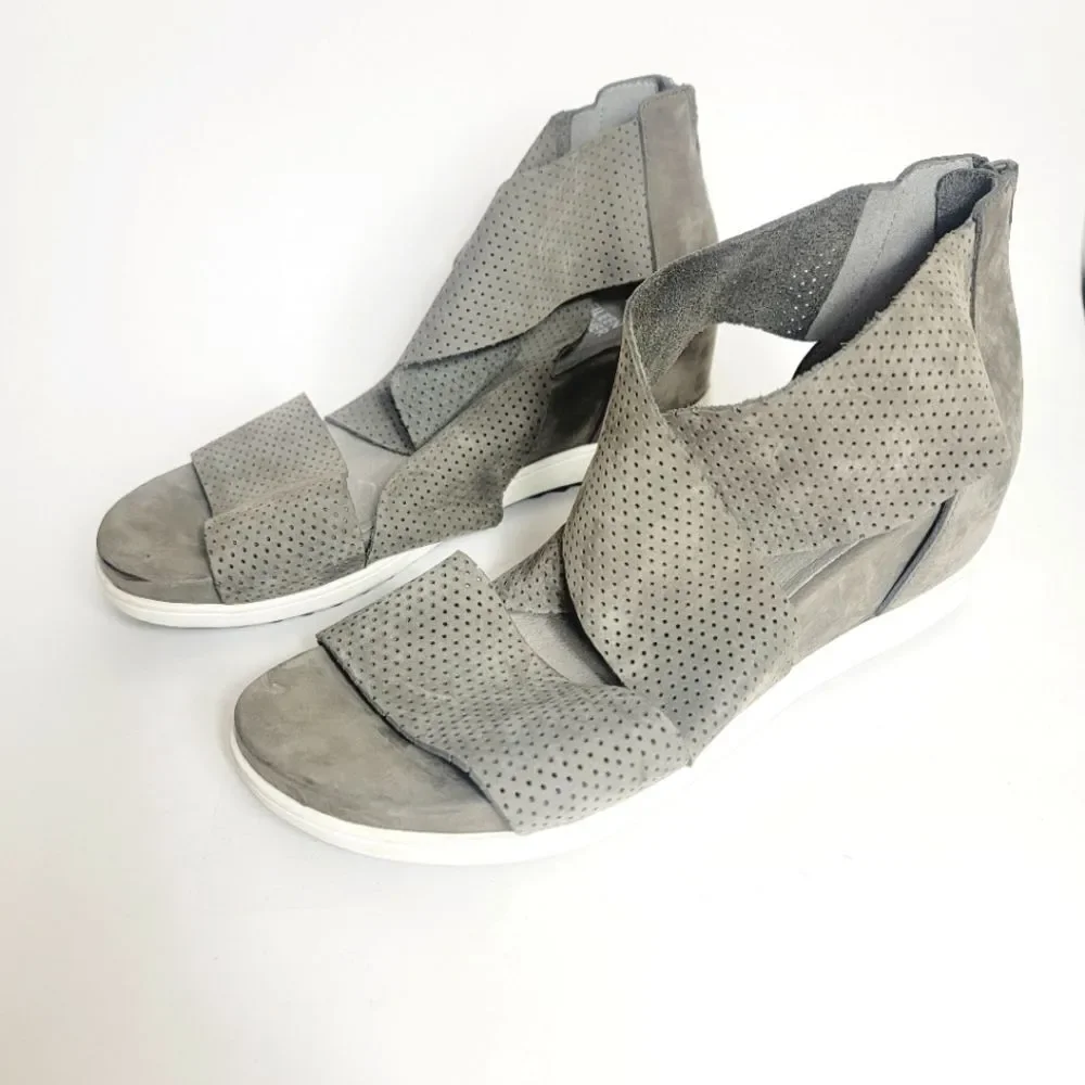 EILEEN FISHER Suede Perforated Sport Platform Sandal In Platinum Gray Size 8.5